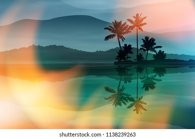 Summer background with sea and palm trees