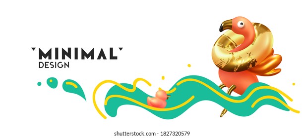Summer background, sea, Pink flamingo floats on the waves Realistic 3d object and doodle style. Party banner, web poster. Abstract art vector illustration