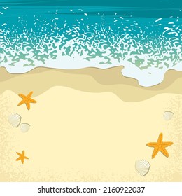 Fondo de verano con mar, playa de arena, vista superior, ilustración vectorial