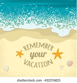 Summer background with sea, sand beach and place for text, top view, vector image