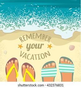 Summer background with sea, sand beach, pair of feet in sandals and place for text, top view, vector image