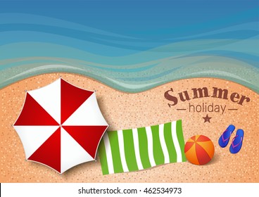 Summer background with  the sea, sand beach, beach umbrella, towel, ball, flip flops and inscription - Summer holiday. Vector illustration