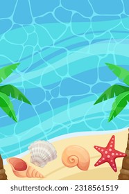 Fondo de verano con mar, arena, palmeras, conchas, pez estrella. Plantilla vertical de verano con estilo de dibujos animados. Vector.