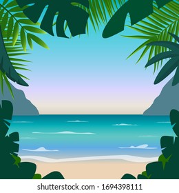 Summer background with sea, sand, palms, mountains and place for your text. Good for flyer, booklets, poster. Vector colorful illustration in flat style.