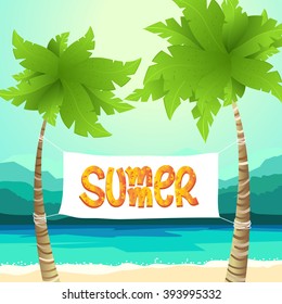 Summer background with sea, sand, sun, palms, mountains and title Summer between palms. Good for flyer, booklets, poster, apps etc. Vector colorful illustration in flat style