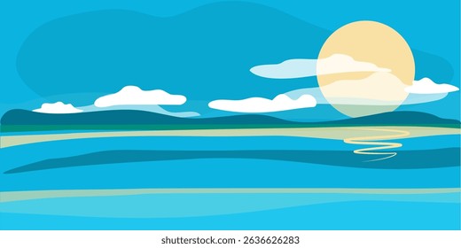 Summer background sea and sky with white clouds.  Vector color drawing in flat style with space for copying. Blue sky, turquoise water, yellow sun. Atmosphere of silence, tranquility, rest, relaxation