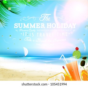 Summer background with sea, sun, ship and Summer holidays elements: cocktail, swim mask, sunglasses, flip flops and palm tree leafs