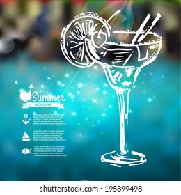 Summer background with sea, sun, ship and Summer holidays elements: cocktail, swim mask, sunglasses, flip flops and palm tree leafs