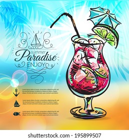 Summer background with sea, sun, ship and Summer holidays elements: cocktail, swim mask, sunglasses, flip flops and palm tree leafs