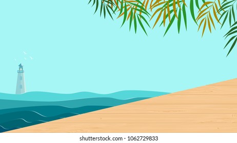 Summer background with sea view. Wooden textured terrace, palm leaves and lighthouse. Copy space for text.