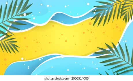 Fondo de verano con ola marina y hoja de palma para contenido en línea en verano , ilustración Vector EPS 10