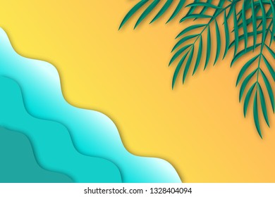 Summer background with sea waves, beach and tropical leaves in paper cut style.
