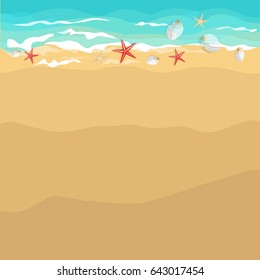 Summer background. Sea waves sand beach. Beautiful background for your design. Flat vector illustration. Top view