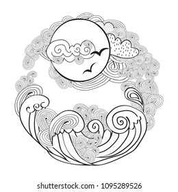 Summer background with sea waves and seagulls. Template for presentation, web and mobile interface. Greeting card, invitation with doodle curly waves. Spring, summer poster. Vector illustration.