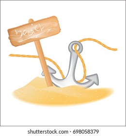 Summer background with seagull anchor wood sign isolated on white.