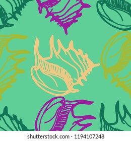 Summer background seamless multicolor mollusc shell for design.