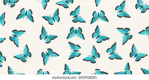 summer background seamless pattern with blue butterfly icons. design for banner, poster, greeting card, social media.