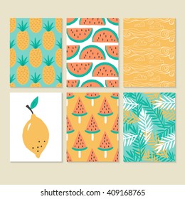 Summer background seamless pattern with fruits. Set of cards or covers hands drawing design