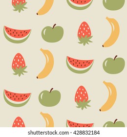 Summer background. Seamless pattern with fruits and berries (bananas, strawberries, apples and watermelons). Vector Illustration