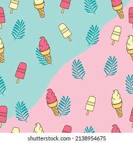 summer background. seamless pattern with ice cream and palm leaf illustration on pink and blue background colors. hand drawn vector. wallpaper, fabric, textile, wrapping paper and gift, backdrop. 