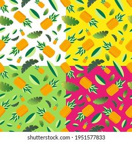Summer background seamless pattern with pineapple fruits and leaves. Set of cards or covers drawing design