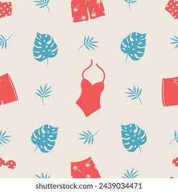 Summer background. Seamless pattern with red swimsuits, blue tropical leaves. Vector illustration on beige background