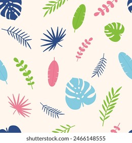 Fondo de verano. Patrón sin costuras con hojas tropicales. Ilustración vectorial