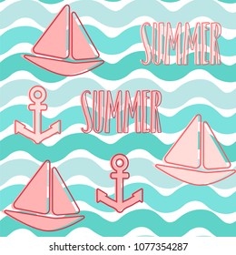 Summer background. Seamless vector pattern with sailboats and anchors.