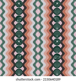 summer background with seashells lotus flowers and twigs on the background of beach waves vector seamless pattern
