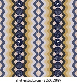summer background with seashells lotus flowers and twigs on the background of beach waves vector seamless pattern