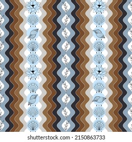 summer background with seashells lotus flowers and twigs on the background of beach waves vector seamless pattern