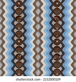 summer background with seashells lotus flowers and twigs on the background of beach waves vector seamless pattern