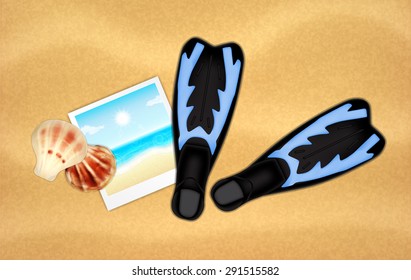 Summer background with seashells, photo frame and flippers on sand. EPS10 vector