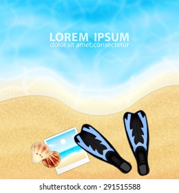 Summer background with seashells, photo frame and flippers on sand. Tropical sea and beach. Sea wave, diving into water. EPS10 vector