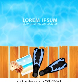 Summer background with seashells, photo frame and flippers on wooden plank. Tropical sea and beach. Sea wave, diving into water. EPS10 vector