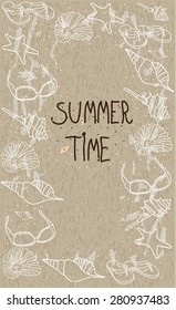 summer background with seashells sunglasses,beach Slippers on textured background with the words summer time