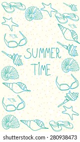 summer background with seashells sunglasses,beach Slippers on a yellow background with the words summer time
