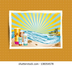 Summer  background. Seaside view illustration with sun lotion.