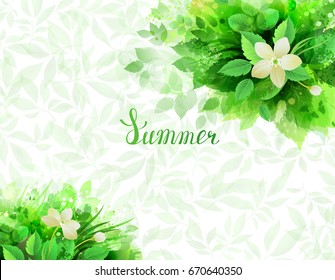 Summer background with seasonal composition of branches with fresh green leaves