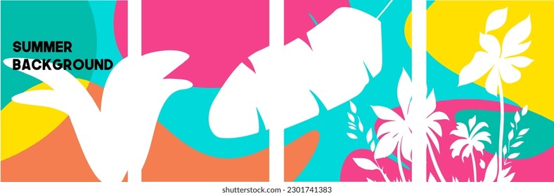 Marco veraniego de estilo moderno. Arte abstracto de color brillante con hojas y palmeras. Plantillas para celebración, anuncios, marca, banner, portada, etiqueta, afiche, ventas