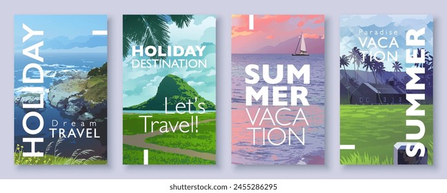 Summer background set with seascape, tropical sunset ocean, beach and island, coastline, and typography design for posters, covers, cards. Vector template and illustration.