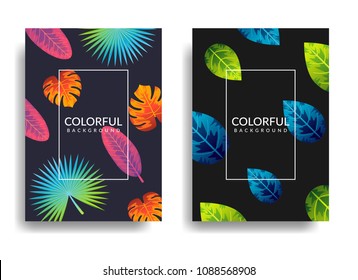 Summer background set. Vector illustration. Cover templates for summer season. Promotion offer with tropical plants .Trendy floral cover templates. Colorful tropical leaf patterns.