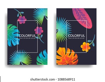 Summer background set. Vector illustration. Cover templates for summer season. Promotion offer with tropical plants. Trendy floral covers. Colorful tropical leaf patterns.