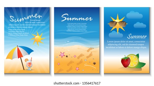 Summer Background Set - Vector Illustration, Graphic Design. Collection Of Summer Backgrounds For Placard Template, Poster, Flyer, Leaflet, Banner and Summer Party Poster