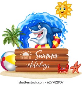 Summer background with shark and wooden sign