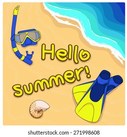  Summer background with shell, flippers and mask on sand