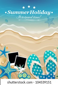 Summer Background With Shells And Pictures On Sand. Vector Illustration.