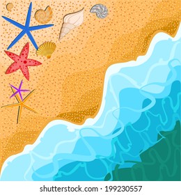 Summer background with shells and pictures on sand. Vector 