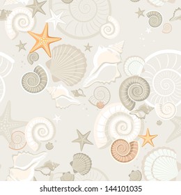 Summer background with shells. Seamless texture. Vector eps 10.