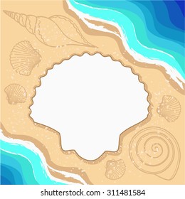 Summer background with shells, waves and frame for your text. Vector illustration.